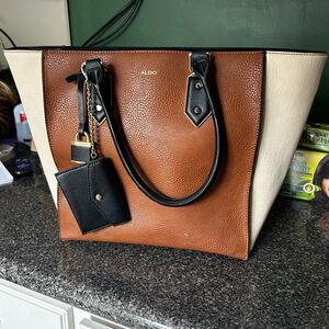 ALDO Brown, Cream and Black Colorblock Tote with Cardholder Charm